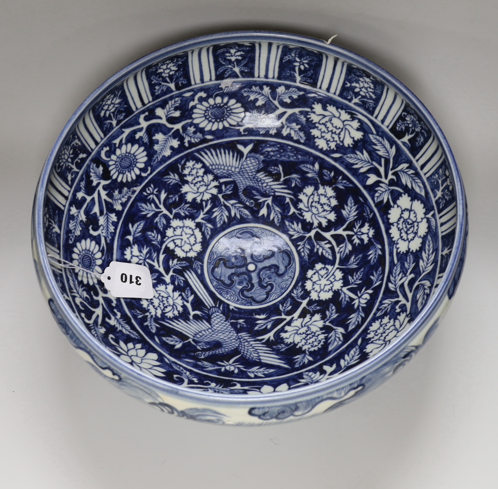 A large Chinese blue and white bowl, 40cm diameter